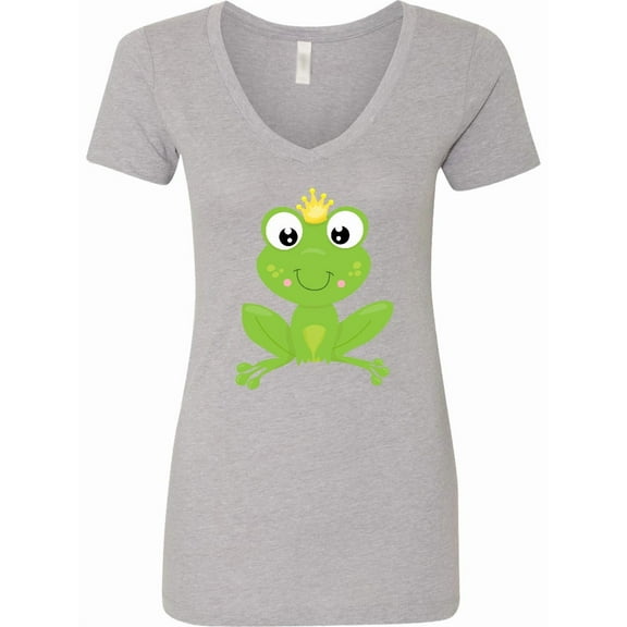 Inktastic Cute Frog, Green Frog, Crown, Frog Prince Women's V-Neck T-Shirt