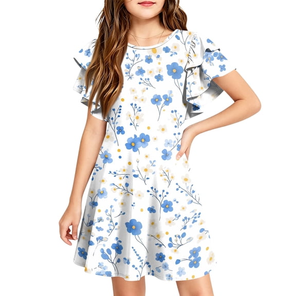 Abcomgle Girls Summer Dresses Size 14-16 Casual A-Line Double Layer Ruffle Sleeve Tshirt Dresses Floral Print Beach Crew Neck Swing Sundresses for 4-14t Kids