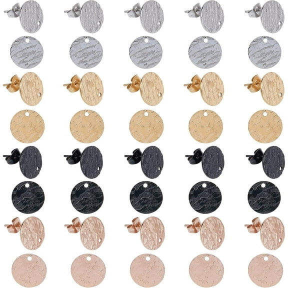 1 Box 20 Pairs 12MM Stainless Steel Stud Earrings Findings Textured Flatback Round Hole Drilled for Women Jewelry Supplies Black Silver Golden Rose Gold