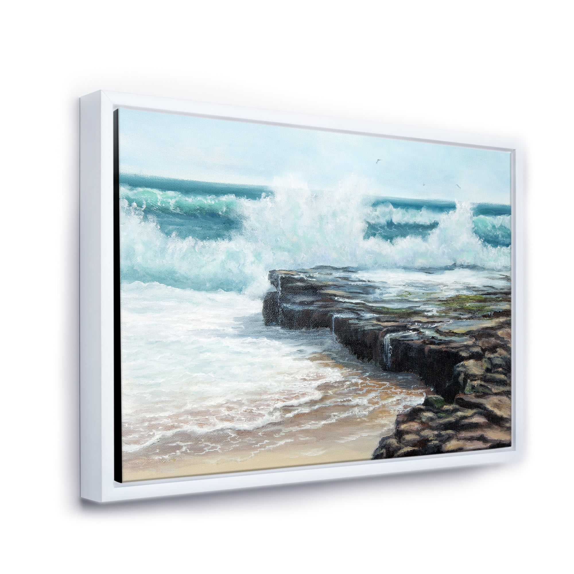 Designart 'Wild Ocean Waves Breaking On The Shore' Nautical & Coastal Framed Canvas Wall Art Print