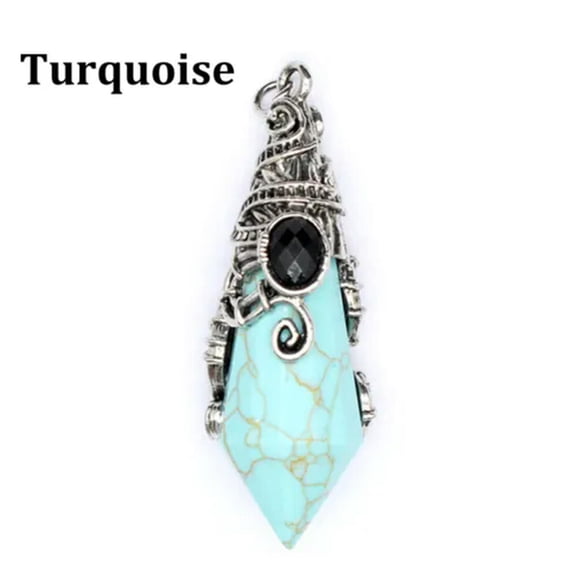 HOOUN Chakra Cone Hexagonal Pendant Natural Crystal Wizard Hat Stone Point Pendulum-Turquoise (Silver)