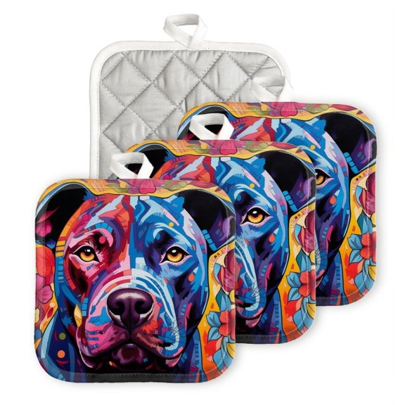 Bahomeck Pot Holder 4Pcs,Colorful Pitbull Portrait In The Style Of Bold Colors And Patterns Square Heat Resistant Hot Pads For Kitchen Cooking Oven With Hanging Loop Potholder Easy To Store