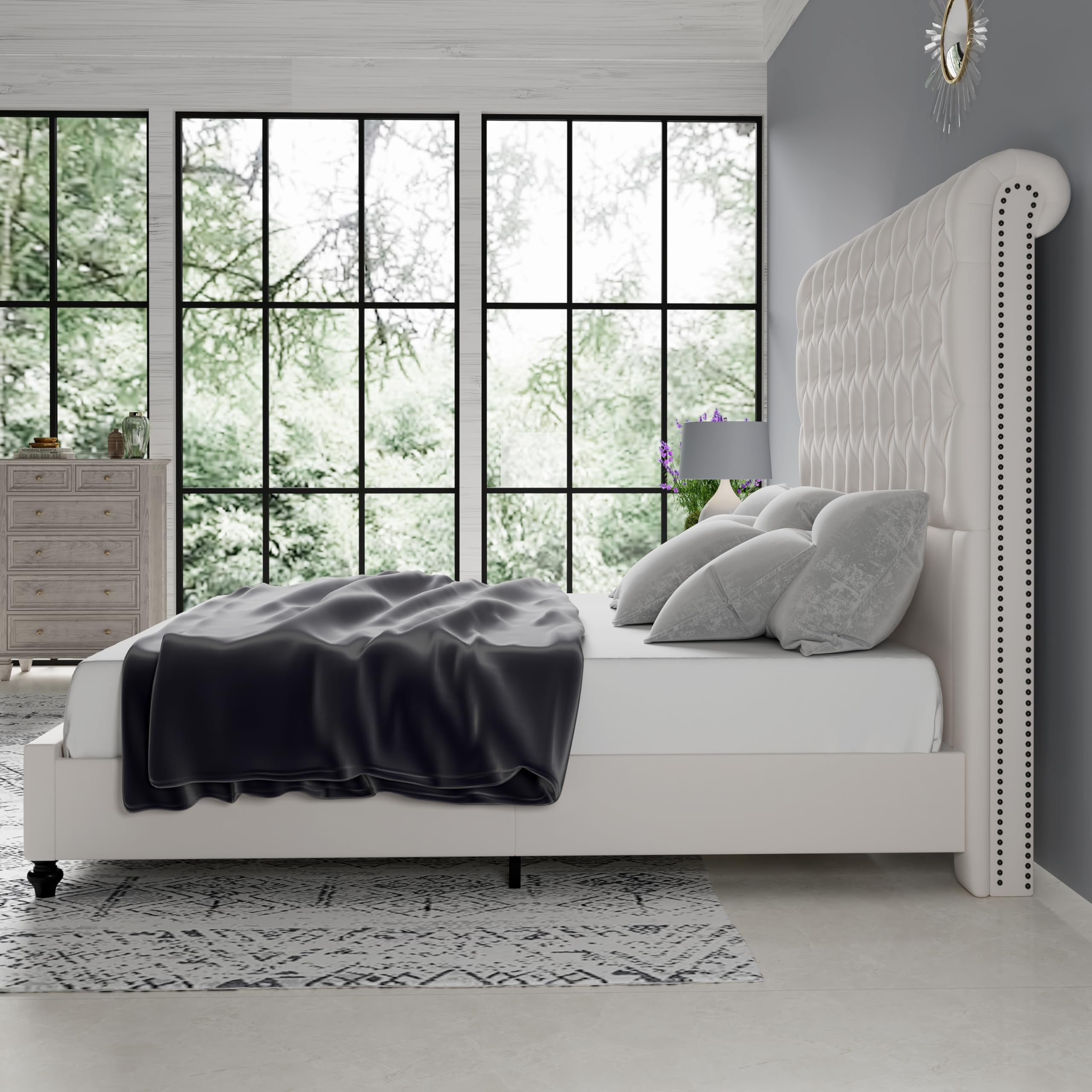 Merluxy King Bed Frame for Adult,60" Sleigh Headbord with Deep Button Tufting,Velvet Cream