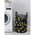 thumbnail image 3 of Forest Laundry Bag, Butterflies Blow Flower Lilly Botany Enchanted Nature Meadow, Hamper Basket with Handles Drawstring Closure for Laundromats, 13" x 19", Charcoal Grey Pink and Yellow, by Ambesonne, 3 of 4