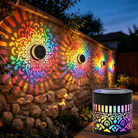 Color Changing Solar Mandala Projection Wall Light Decorative Solar Mandala Lights Outdoor Waterproof Metal Fence Lights for Yard Garden Post Patio Backyard Decor, 1PCs
