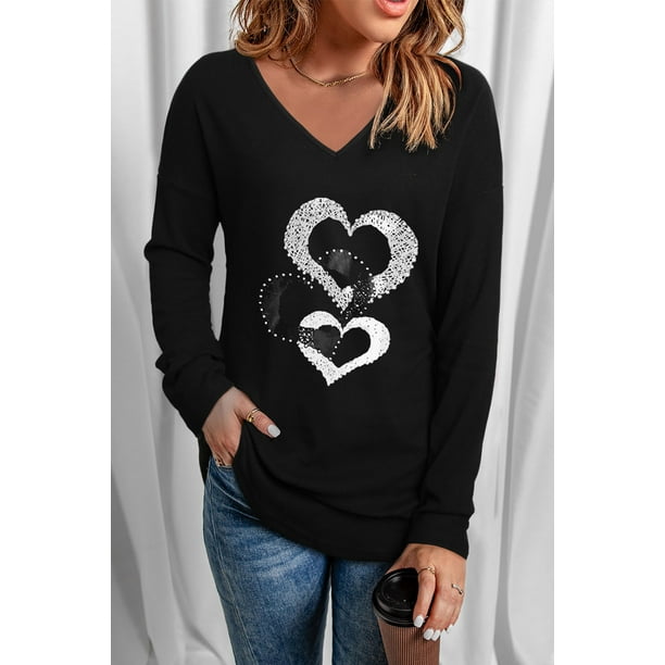 ABPHQTO Top de manga larga con estampado de cadena de triple corazón negro para mujer