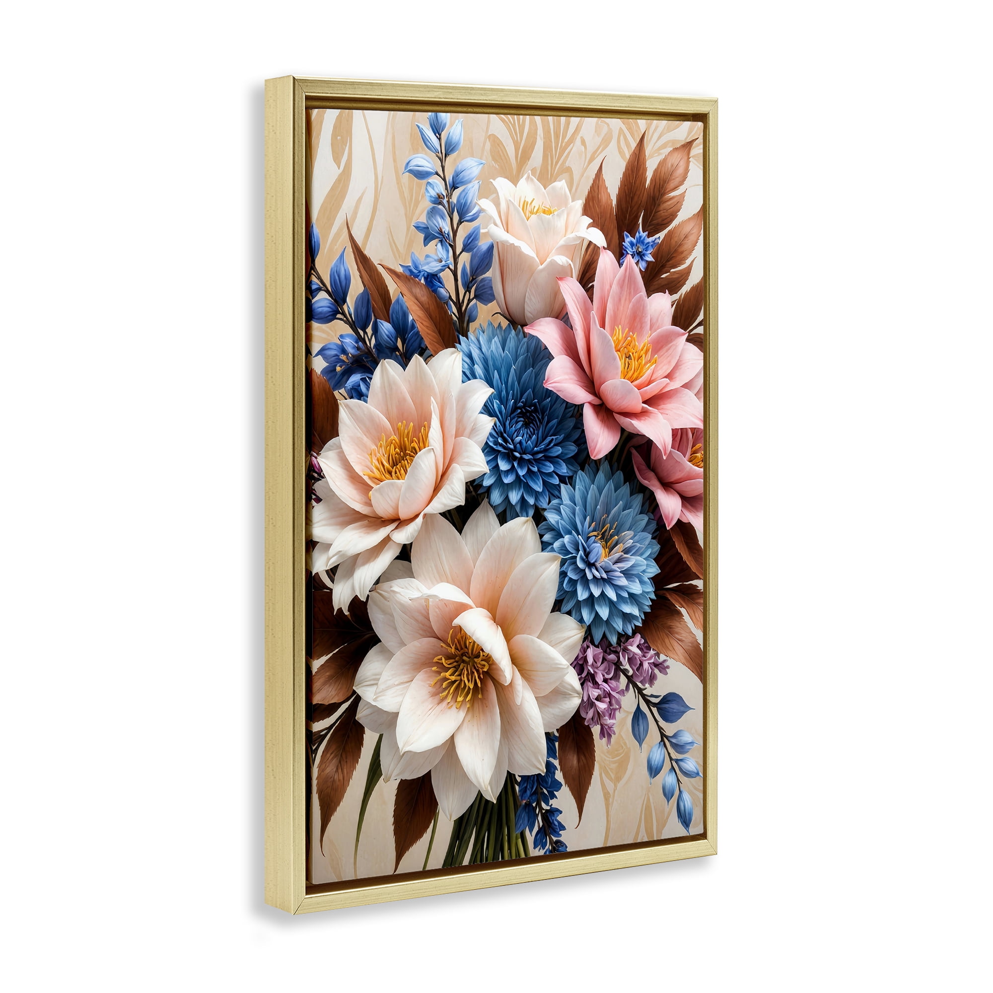 Stupell Industries Pink & Blue Mixed Bouquet Plants & Flowers Painting Gold Floater Framed Canvas Art Print Wall Art, 17 x 25