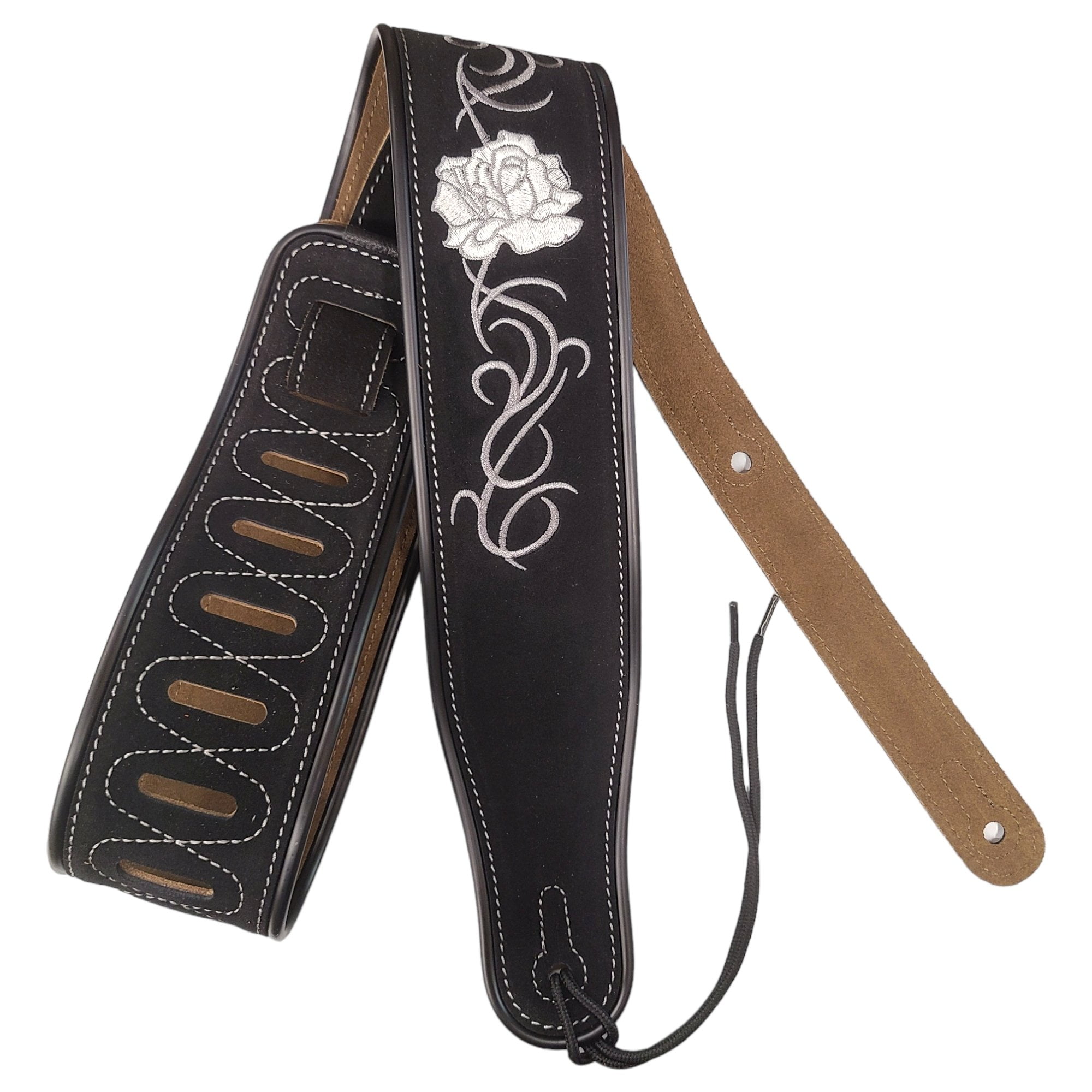 Leather Strap Acoustic Electric Guitar Bass Black Brown Notes Wide Thick Padded Black Suede Flower