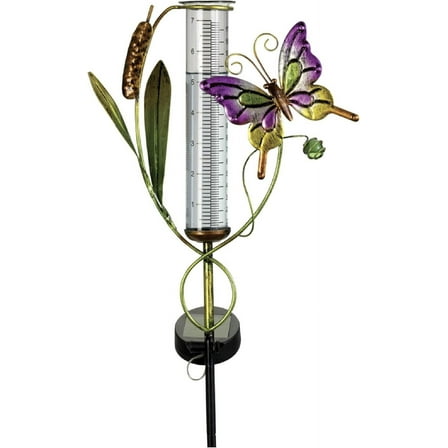 Bits and Pieces 25" Solar Powered Butterfly Rain Gauge with LED Lights – Glass Garden Decoration Yard Stake Outdoor Décor