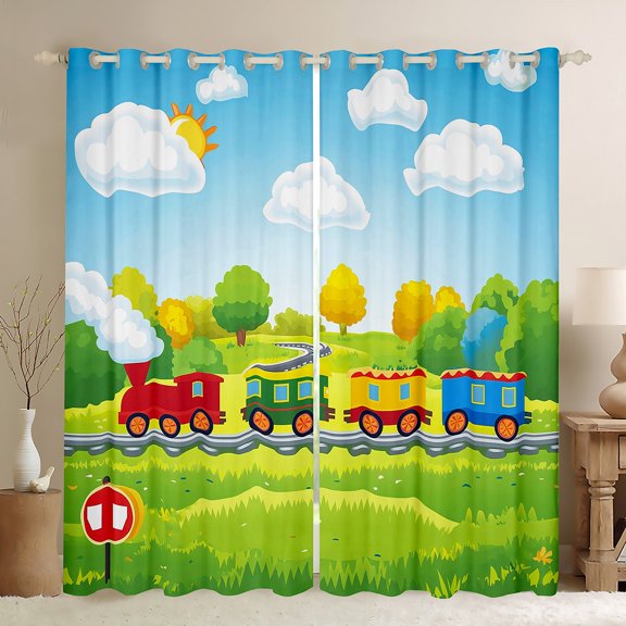 jejeloiu Colorful Cute Train Curtains Pack of 2 (42x84 Each),Cartoon Steam Truck Curtains Blackout,Green Yellow Kawaii Tree Bedroom Curtains For Girls Boys,Ultra Soft Home Decor