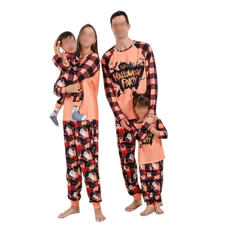 

Frontwalk Mommy Dad Child Elastic Waist Plaid Halloween PJ Sets Crew Neck Matching Family Pajamas Set Letters Printed Festival Sleepwear Light Yellow Women XL