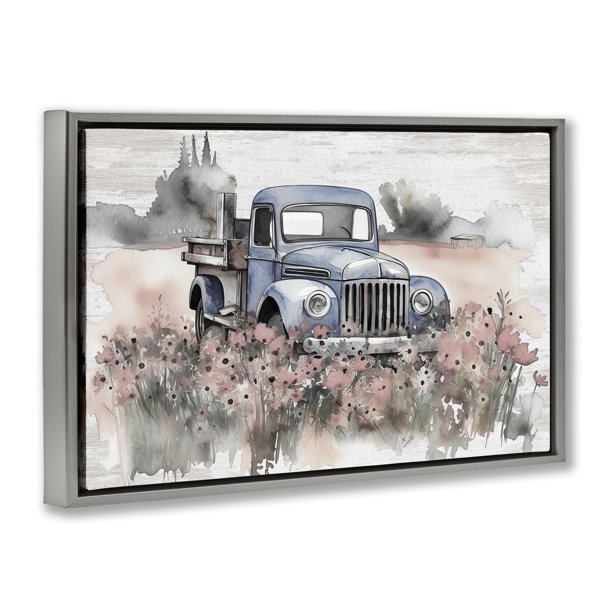 Stupell Industries Pickup in Floral Meadow Transportation Painting Gray Floater Framed Canvas Art Print Wall Art, 25 x 17