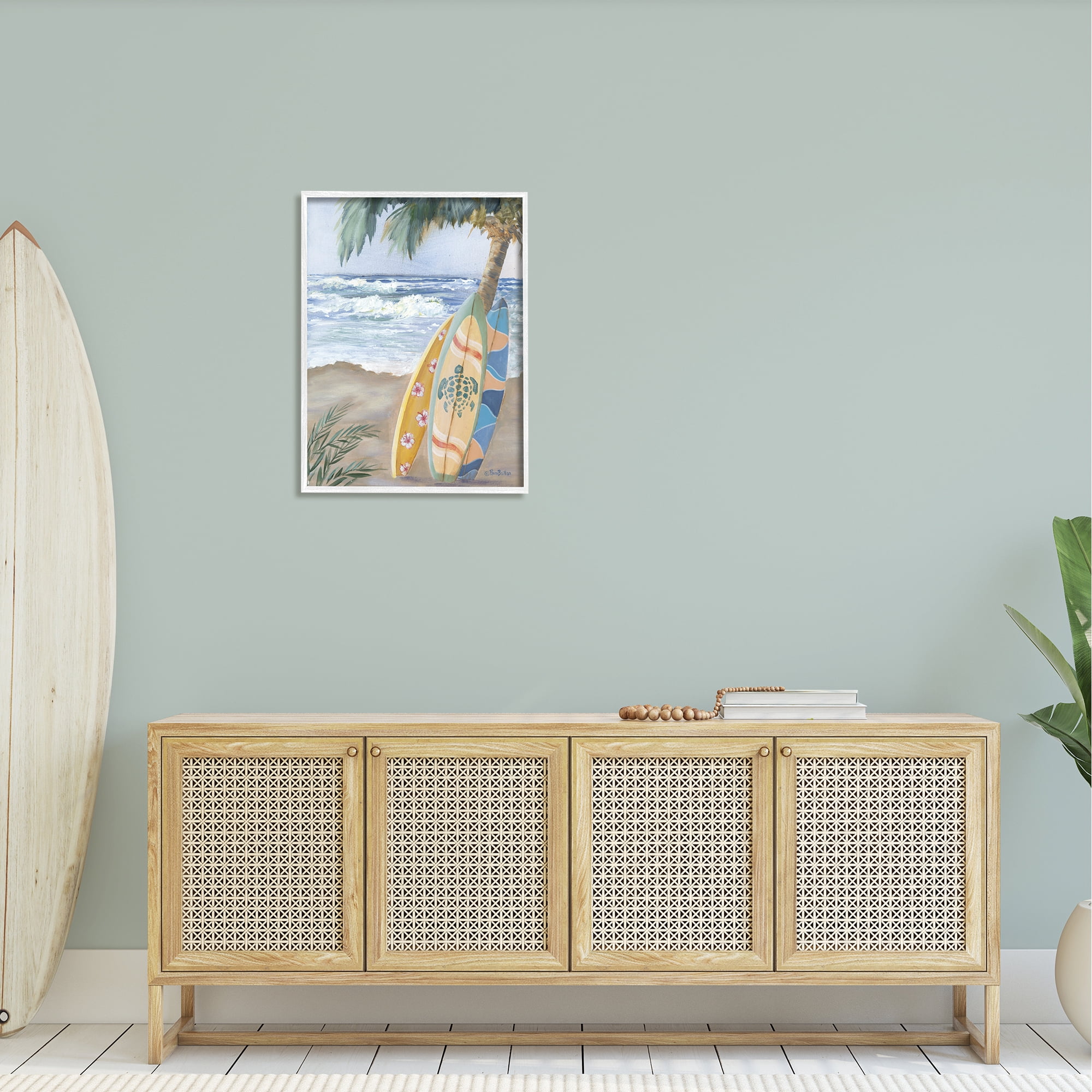 Stupell Fun Summer Surfboards Leaning Palm Tree Landscape Painting White Framed Art Print Wall Art
