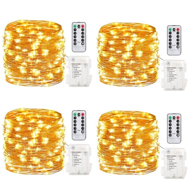 Paquete de 4 5M 50 guirnaldas de luces LED con pilas con temporizador de Control remoto alambre de cobre resistente al agua luces de cadena centelleantes blanco cálido