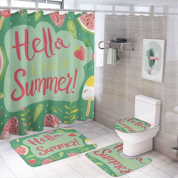 Hello Summer with Watermelon And Ice Cream Shower Curtain Sets with Rugs 4 Piece Bathroom Sets with Curtain Rug Toilet Cover And U Shaped Mat Seasonal Farmhouse Waterproof Shower Curtain