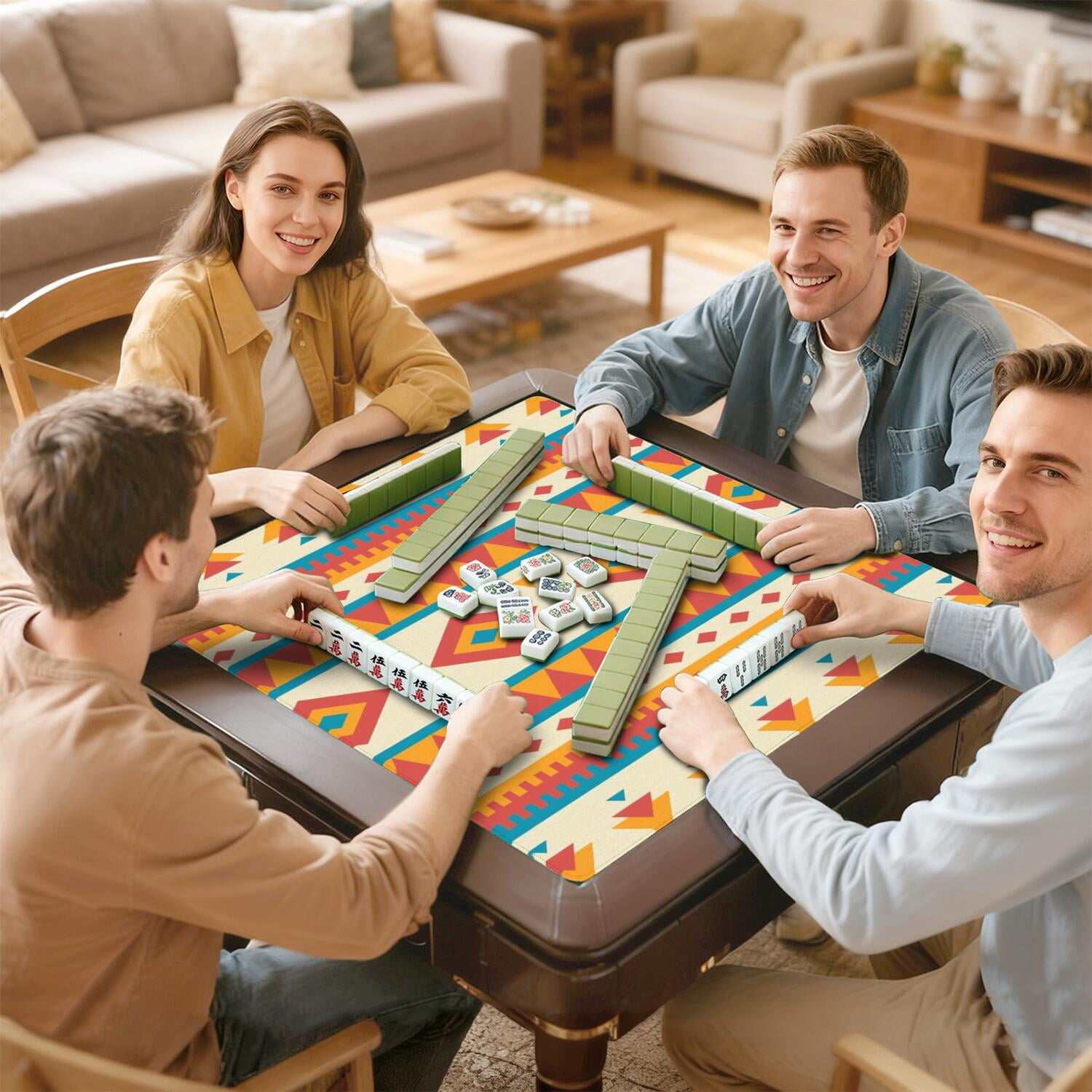 Boho Design Non-Slip Rubber Game Table Mat 31.5x31.5 Inch Extra Large Mahjong Surface with Quiet Texture for Card Games Board Games and Game Nights