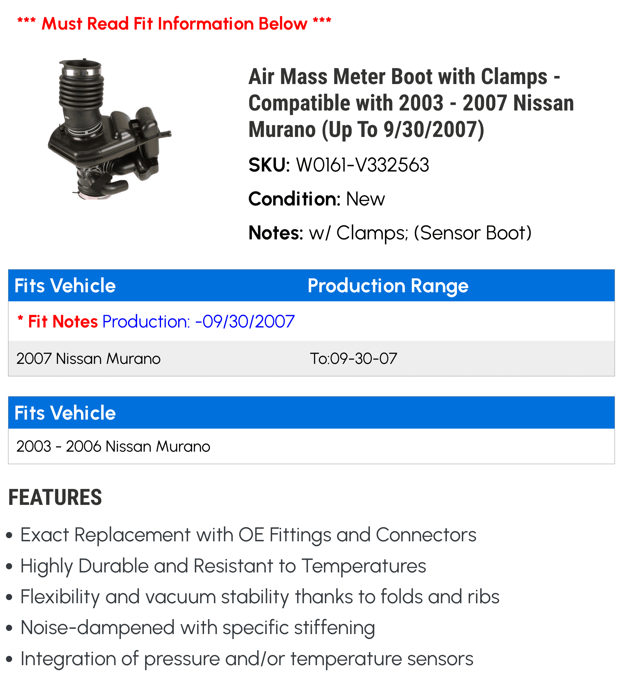 Air Mass Meter Boot with Clamps - Compatible with 2003 - 2007 Nissan Murano (Up To 9/30/2007) 2004 2005 2006