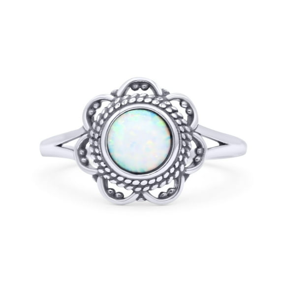 Flower Ring Round Lab Created Opal Oxidized Band Solid 925 Sterling Silver Size 9