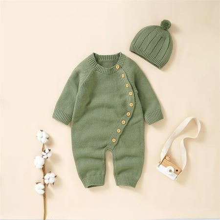

KaLI_store Boy Girl Solid Knitted Sweater Baby Jumpsuit Romper Cotton Caps Hat Sweater for Big Boys