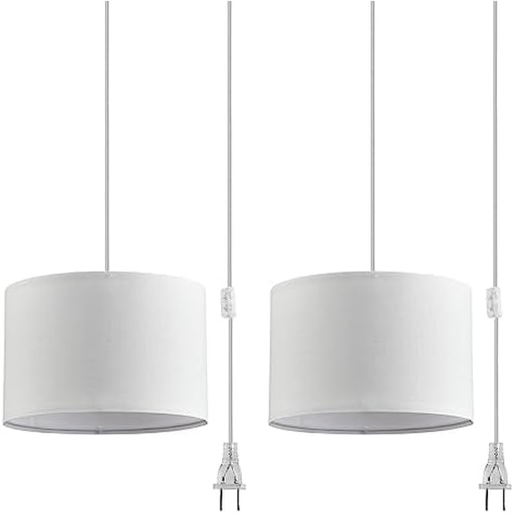 2 Pack Plug in Pendant Light, Hanging Light with 15Ft Clear Cord, On/Off Switch, White Fabric Lamp Shade, Hanging Light Fixture for Bedroom, Kitchen,