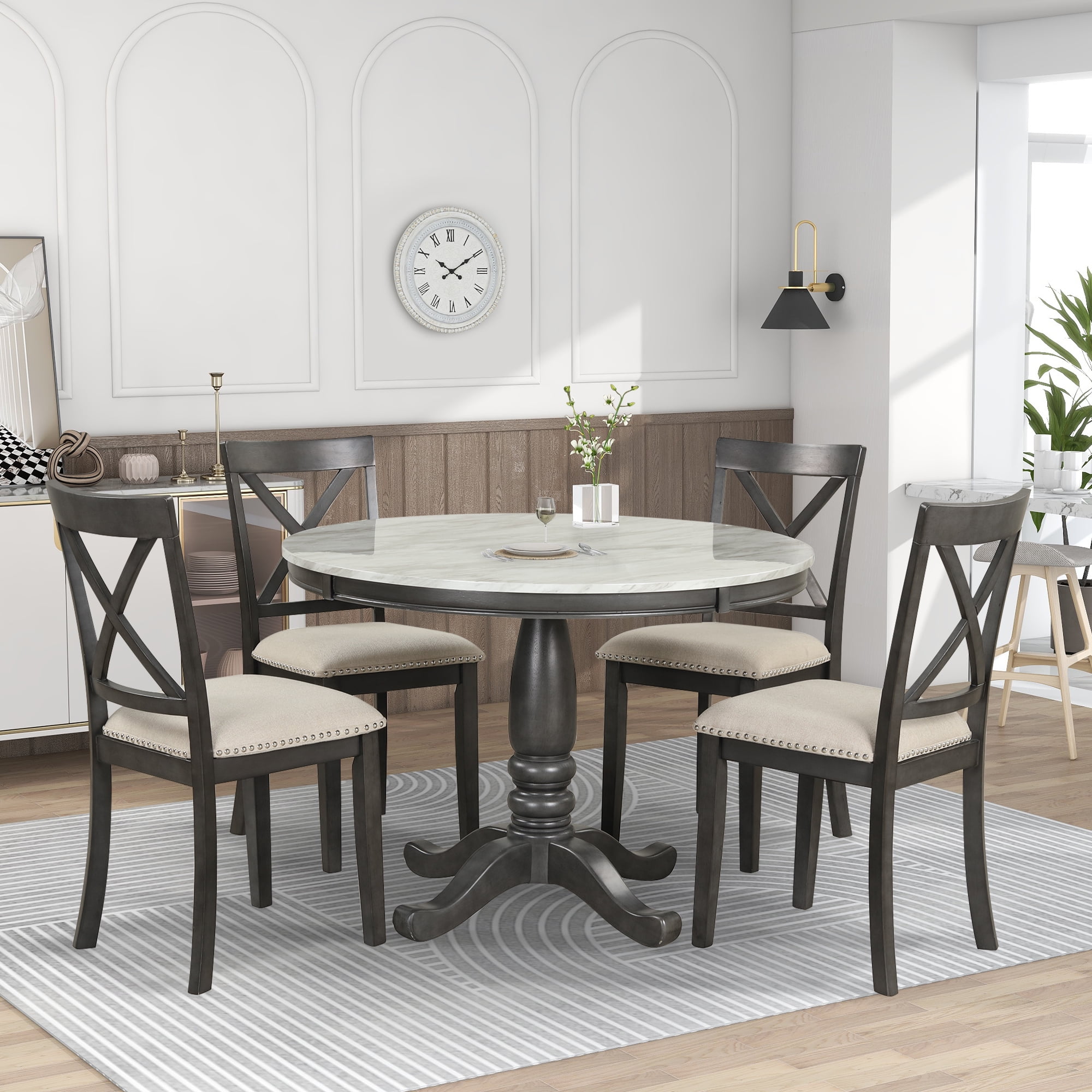 5 Piece Dining Table Set, Dining Chairs Set of 6, Round Kitchen Table