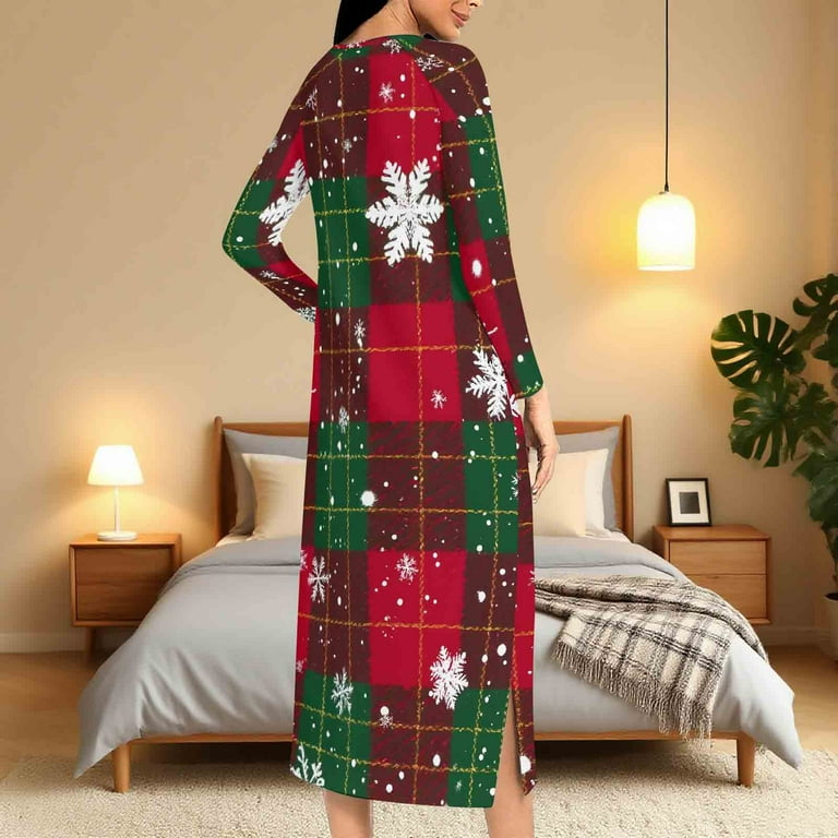 AKOEE Christmas Dress Women Full Zip Long Dress Plaid Snowflakes Print Nightgown Maxi Dresses Soft Pajamas Loungewear (L, Red 05), Women's, Size: