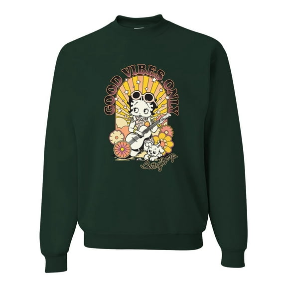 Wild Bobby, Betty Boop Good Vibes Only Betty Boop Unisex Crewneck Sweatshirt, Forest Green, X-Large
