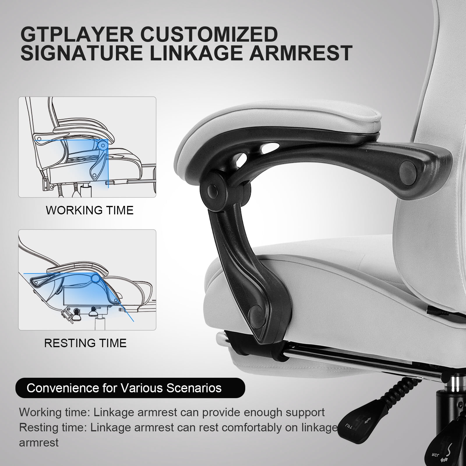 GTPLAYER Fabric Gaming Office Chair with Footrest and Ergonomic Lumbar Massage Pillow, Light Gray