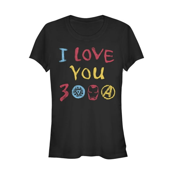 Junior's Marvel Love You 3000 Crayon Print  Graphic Tee Black Medium