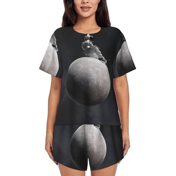 Fotbe Astronaut Sitting On Mercury Planet Conjunto de Pijama Estampado para Mujer, 2 Piezas, Ropa de Dormir con Camiseta de Manga Corta y Shorts Suaves-Medium