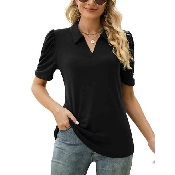 LOMON Women's Puff Short Sleeve Polo Shirts V Neck Casual Collared Tops ...