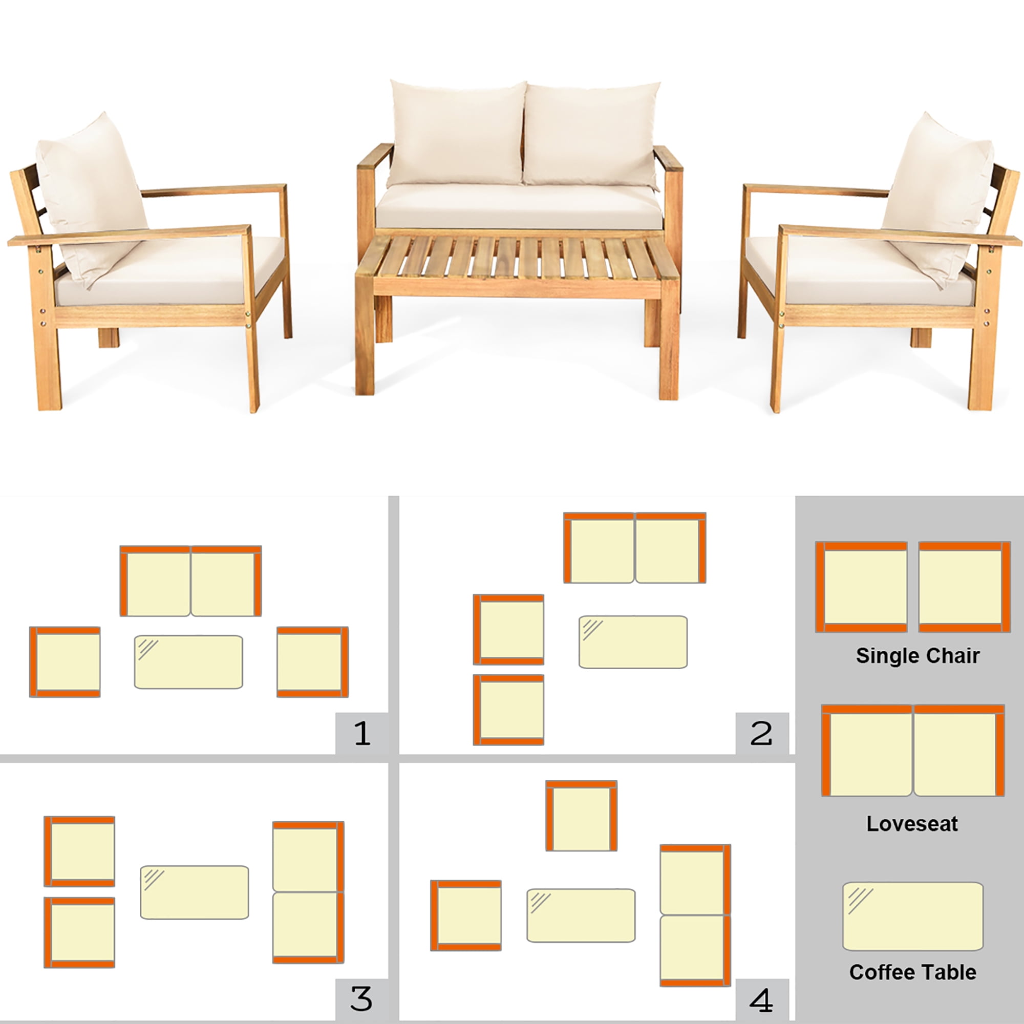 Costway 4PCS Patio Furniture Set Acacia Wood Thick Cushion Loveseat Sofa Off White