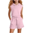 thumbnail image 2 of BRGZLK Girls 2 Piece Summer Outfits 2026 Casual Solid Color Sleeveless Hooded Tops and Elastic Waist Shorts with Pockets Soft Comfortable Matching Set Pink A 3-4Y, 2 of 5