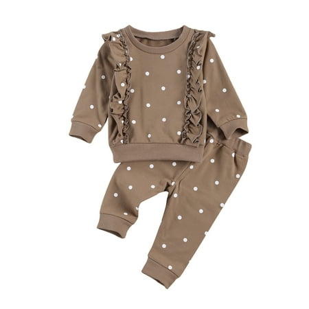 

Mioliknya Baby Fall Clothes Long Sleeve Crew Neck Polka Dots Ruffle Tops + Pants 2Pcs Set