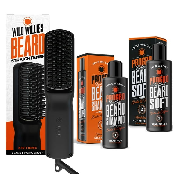 Wild Willies Moisturizing Beard Shampoo Conditioner & Straightener Kit PROGRO - Fortified with Biotin & Caffeine for Facial Hair Growth & Hydration - 2-in-1 Ionic Styling Brush for Beard & Hair