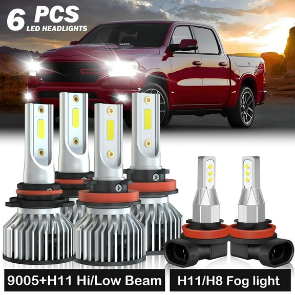 For 2019 2020 2021 2022 Ram 1500 2500 3500 6000K LED Headlights Hi-Lo Beam Fog Light Bulbs,12000lm 100W 6PCS