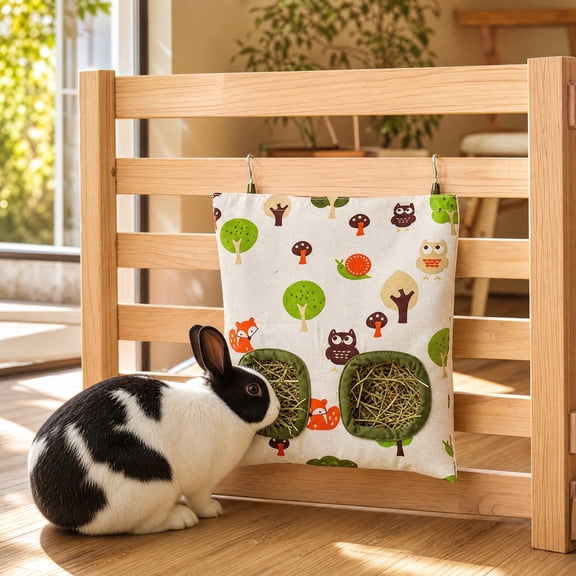 huayou Hanging Hay Feeder Bag with Double Round Eating Holes, Canvas Grass Storage Pouch for Rabbits, Guinea Pigs & Small Rodents, Easy To Hang On Pet Cage For Daily Feeding Use