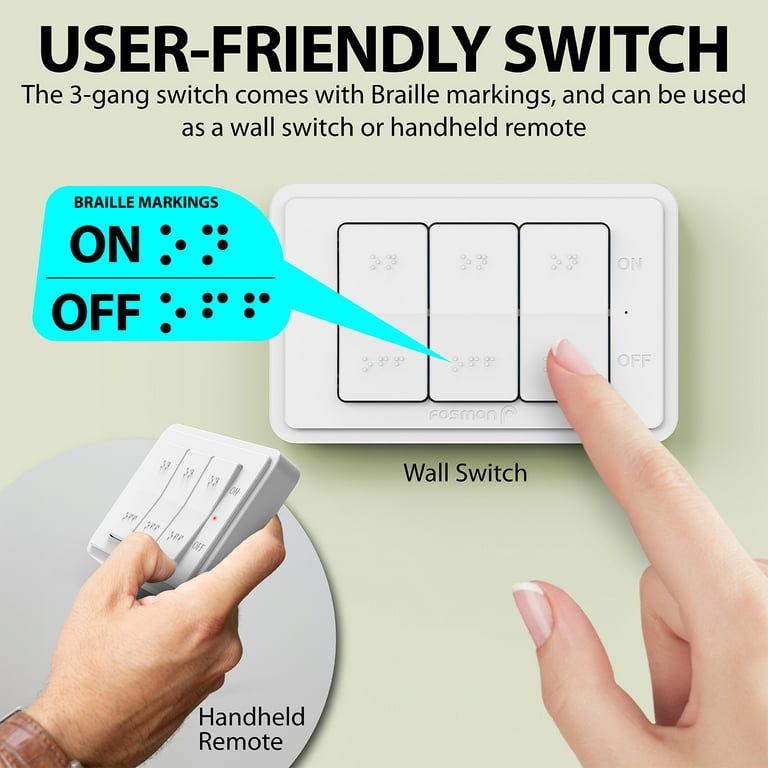 Fosmon Wireless Remote Control Electrical Outlet Switch 3 Outlets - ETL  Listed, (15A, 125V 1875W) Remote Light Switch Outlet Plug with Braille