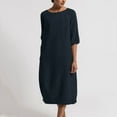 thumbnail image 1 of CHOK Robe en Coton et Lin pour Femmes Grande Taille Manches 3/4 Col Rond Coupe Ample Robe Midi Unie, 1 of 4