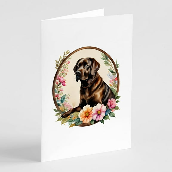 Chocolate Labrador Retriever and Flowers Greeting Cards and Envelopes Pack of 8 7 in x 5 in