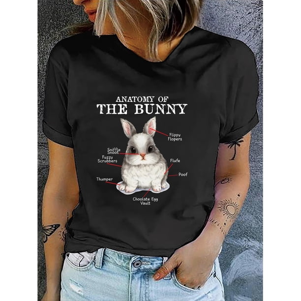 Bunny Print T-shirt, Short Sleeve Crew Neck Casual Top For Summer & Spring, Women's Clothing Tee For Adult, Men, Women, Teen, Teenager, Adolescent, Youth