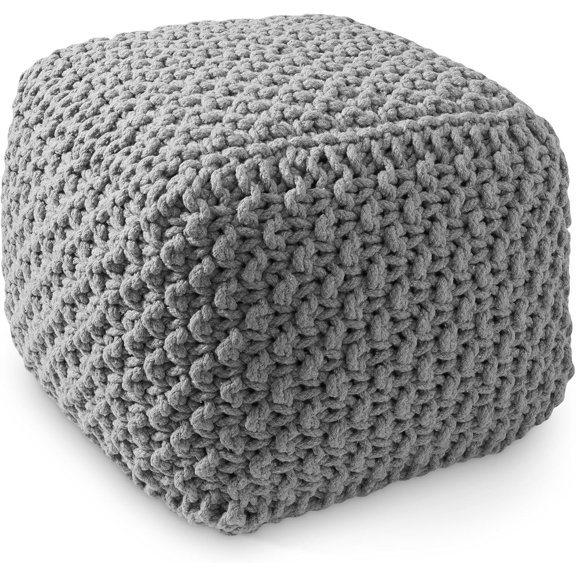 Square Pouf Ottoman, Light Gray 18.5" W x 18.5" D x 14.5" H Cotton Knit Foot Stool - Boho Floor Pouffe for Living Room, Bedroom, Home Office