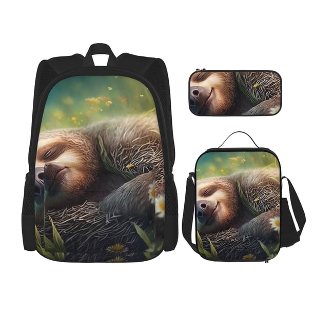 Disketp Daisy Sleeping Sloth Mochila Estampada de Gran Capacidad con Lonchera y Estuche, Set de 3 Piezas para Estudiantes