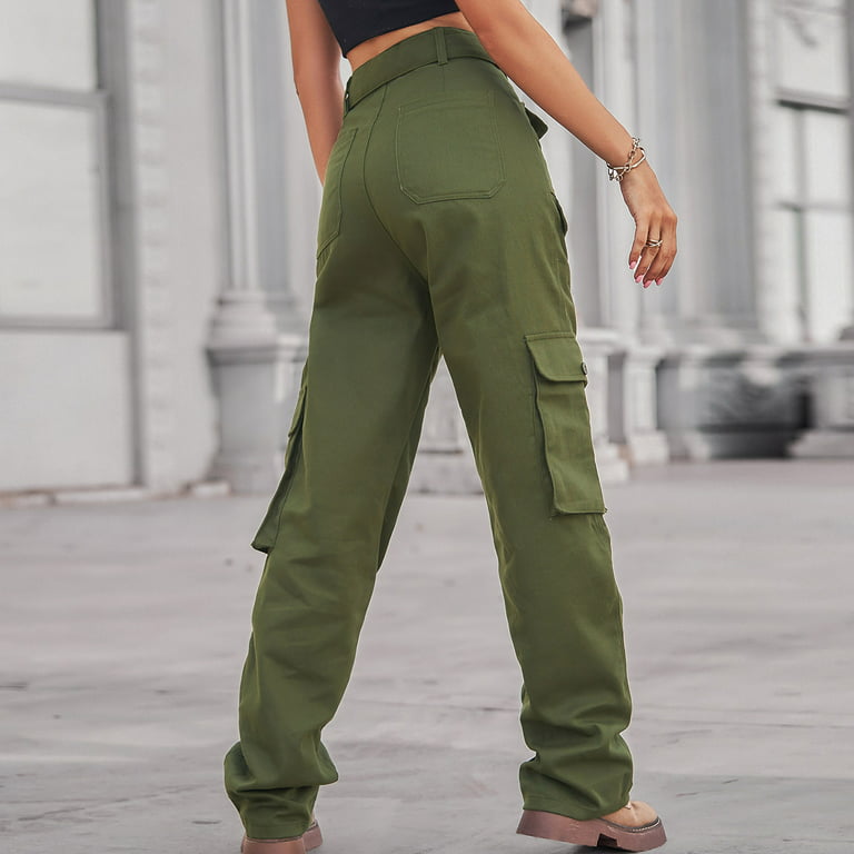 RQYYD Cargo Pants Women Casual Loose High Waisted Straight Leg Baggy Pants  Trousers Lightweight Outdoor Travel Pants with Pockets(Army Green,S)