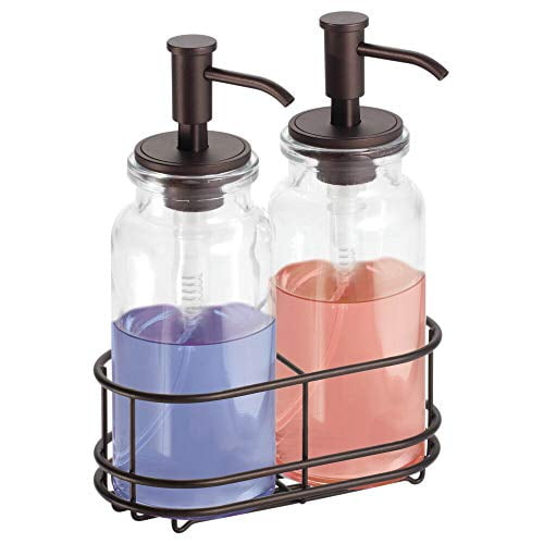 mDesign Double Liquid Hand Soap Glass Dispenser Pump Bottle Caddy for