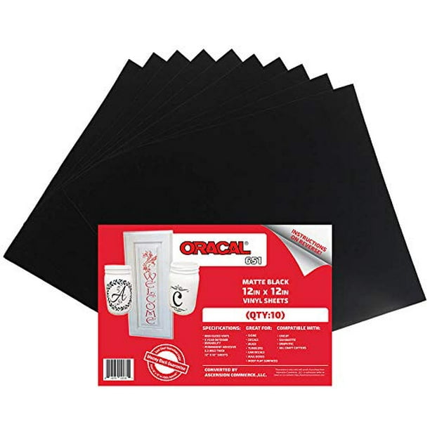 (10) 12" x 12" Sheets Oracal 651 Matte Black Adhesive Craft Vinyl for Cricut, Silhouette