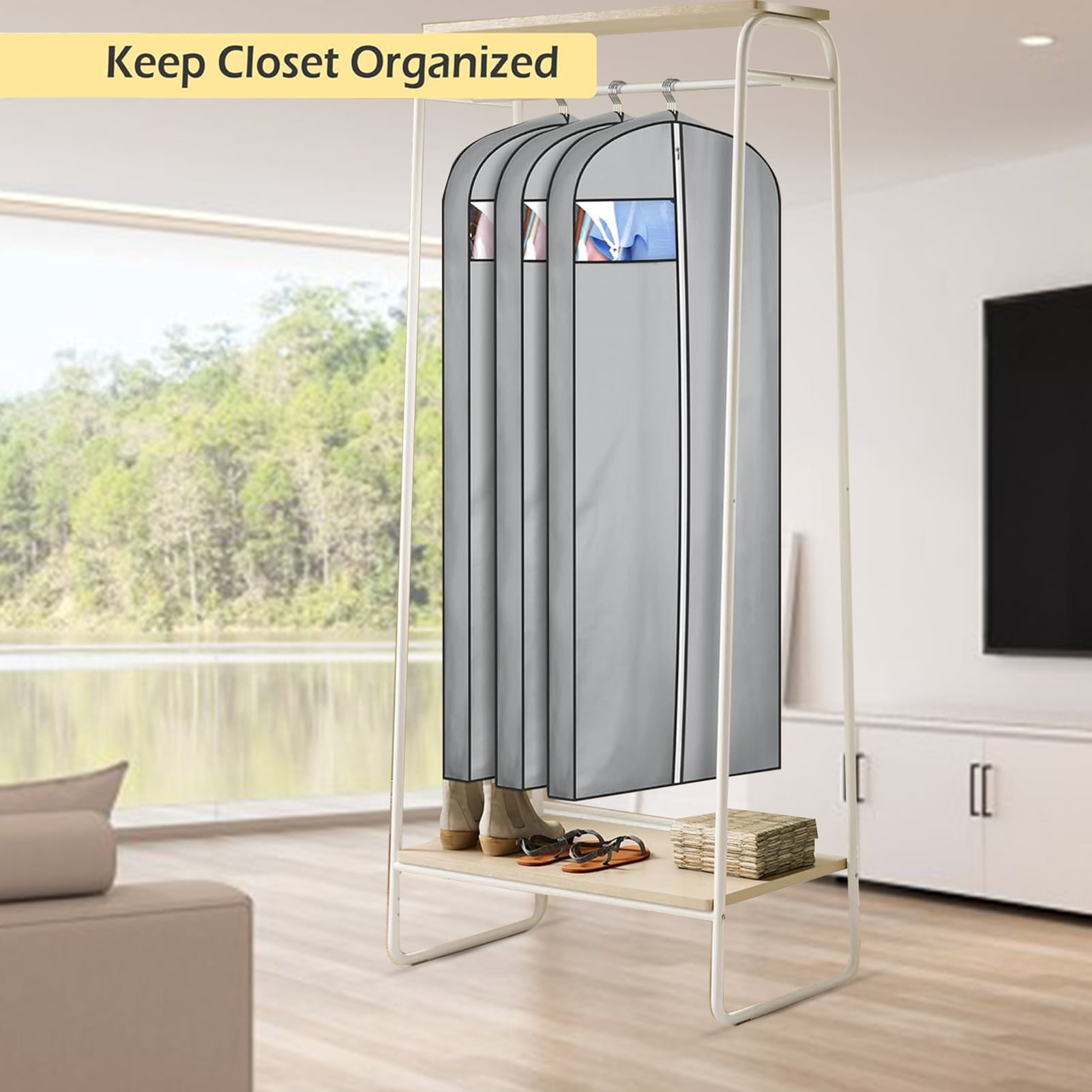 sunsanly 3 Pcs Dress Storage Bag Waterproof Dustproof Transparent Window with Hanger Long Gowns Coat Organizer Bag Closet Hanging Garment Bag