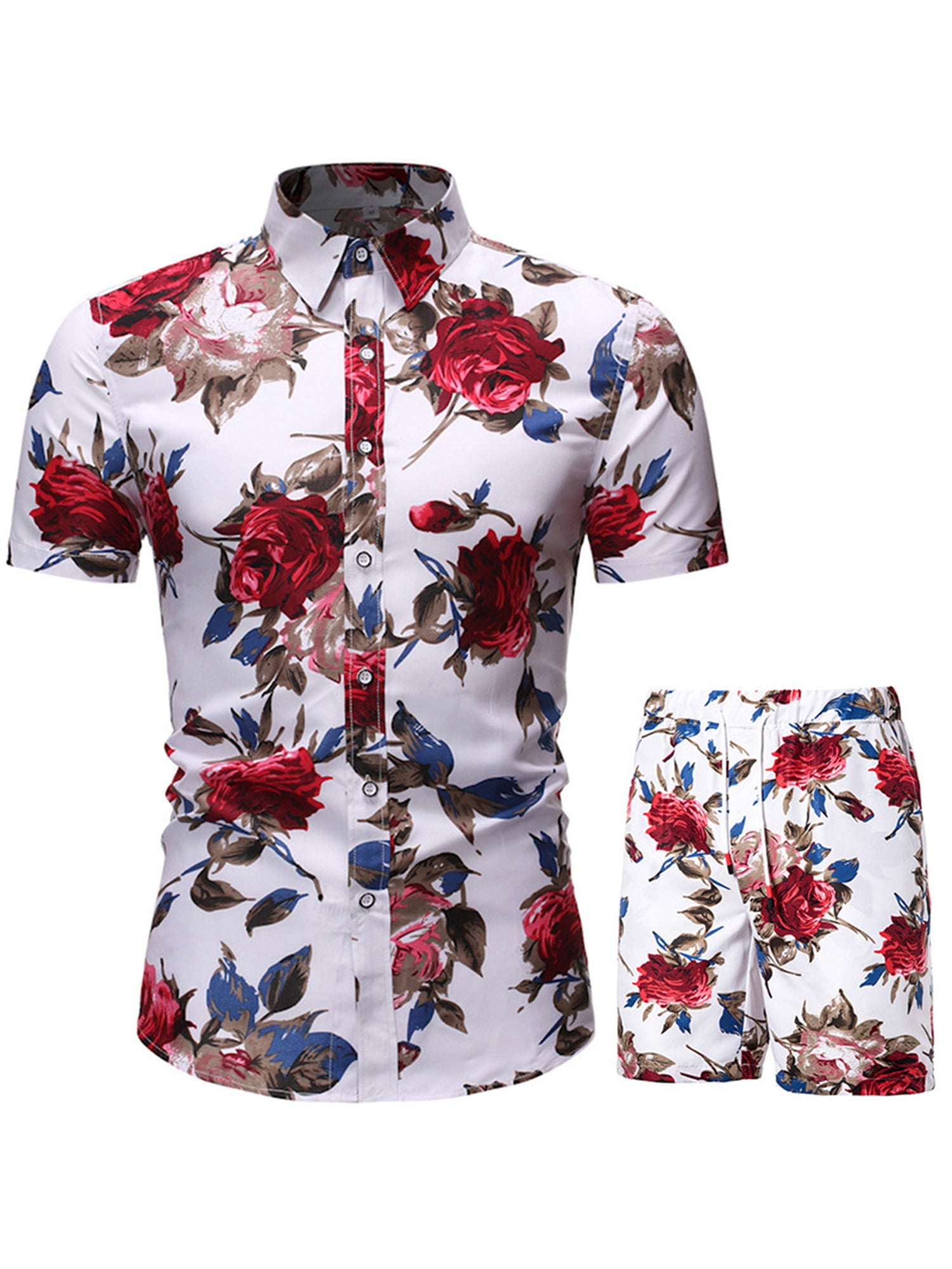 Mens Floral 2 Piece Short Set Casual Button Down Short Sleeve Hawaiian Shirt Suits Beach Shorts Sweatsuit Sets 