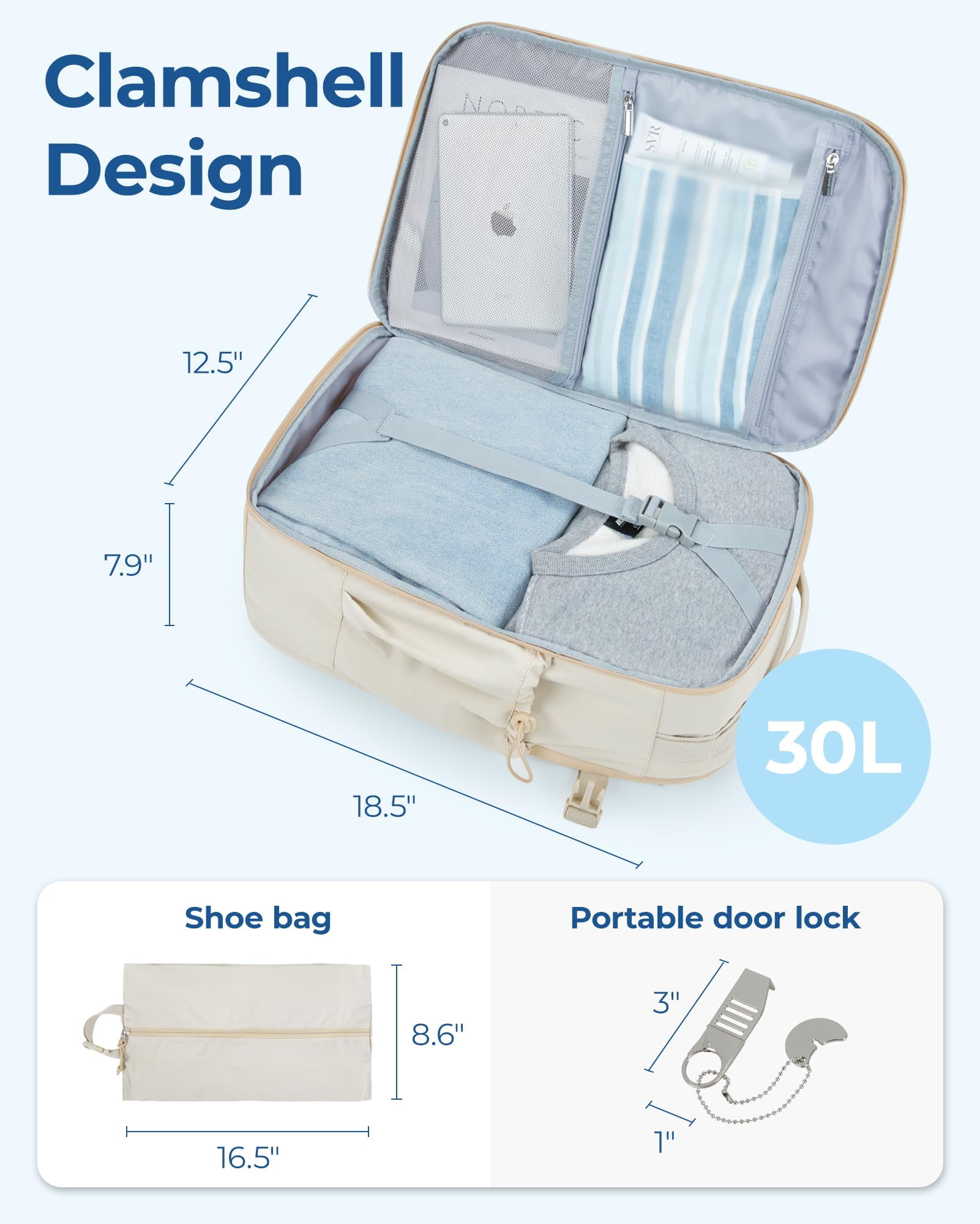 BAGSMART Carry On Travel Backpack, 17 Inch Large Travel backpack Carry On Flight Approved, Anti-theft Personal Item Backpack Travel Bag With Shoe Bag, 30L Water Resistant Casual Daypack, Cream