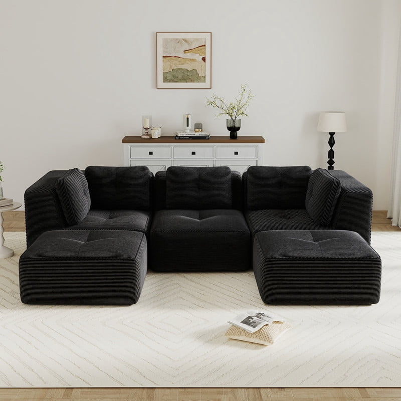 FFH 117" Oversized Modular Sectional Sofa with Movable Ottoman, U-Shaped Corduroy Cloud Couch Living Room Furniture Set, Black